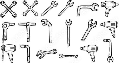 Automotive and Mechanic Workshop Tools Black and White Line Art Sketch. Hand-drawn Wrenches, Sockets, and Power Tools for Repair Industry  DIY.