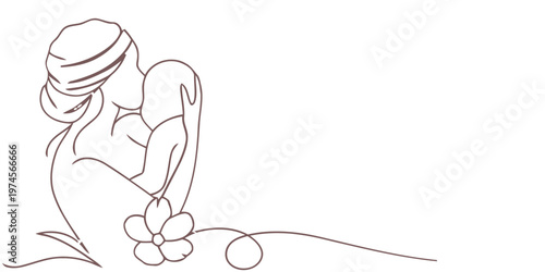A delicate line drawing depicts a mother embracing a baby