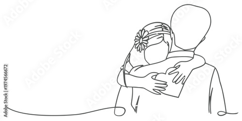 A minimalist line drawing depicts a tender embrace between a couple