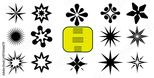 Dynamic collection of versatile abstract starbursts and distinct geometric shapes, meticulously crafted as editable vectors for designers seeking creative and scalable graphic elements