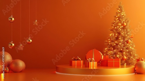 Wallpaper Mural Minimalist, warm orange Christmas scene with a tree, gifts, and decorations Torontodigital.ca