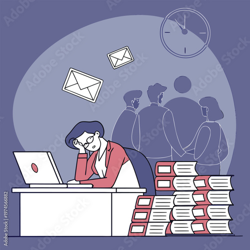 Stressed person working late at a desk with piles of documents, a tired person