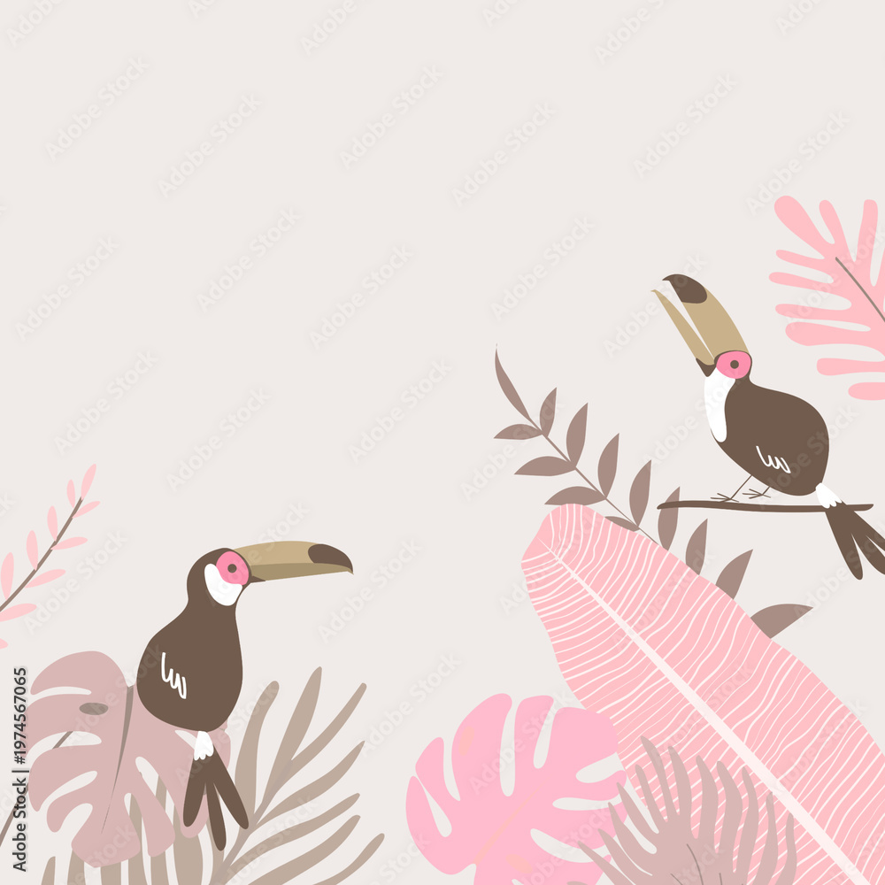 Fototapeta premium Pastel pink botanical bird border, beige design