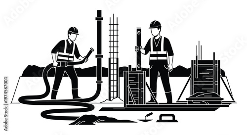 Two professional construction workers wearing safety vests and helmets operate a heavy concrete pump hose and a long spirit level on a building foundation in stark monochrome.