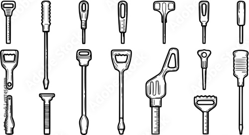 Automotive and Mechanic Hand Tools Black and White Line Art Set. Outline Collection of Wrenches, Screwdrivers, Bottle Openers, and Various Implements.