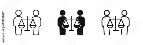 People with Justice Scales Icon Set. Mediation, Equality, and Dispute Resolution Symbol in Outline, Solid, and Hand-Drawn Styles.