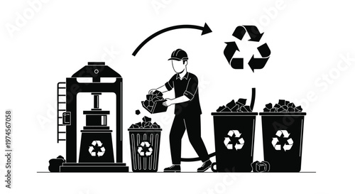 A diligent worker in a cap efficiently sorts various waste materials into multiple large recycling bins next to a powerful industrial hydraulic press machine in high contrast.