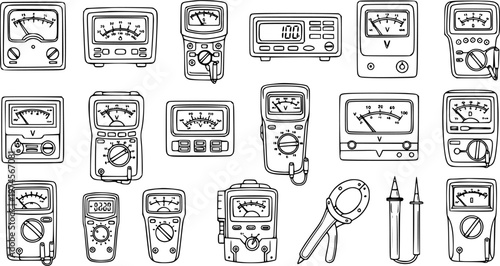 Black and White Line Art of Electrical Measuring Instruments, Voltmeters, Ammeters, Multimeters