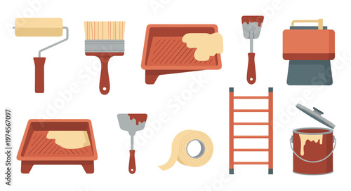 An organized collection of essential home renovation tools features a paint roller, brushes, trays, masking tape, and a sturdy ladder in warm earthy tones.