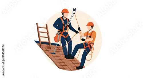 Professional roof maintenance workers wearing orange safety helmets and secure harnesses utilize ropes while working on a steep brown tiled rooftop under bright light.