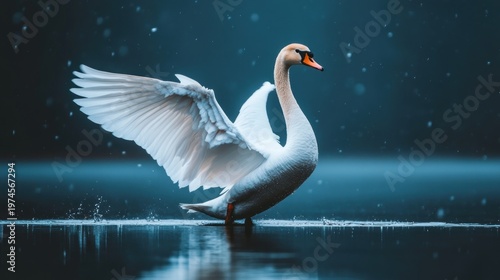 Wallpaper Mural Majestic swan in flight pose over dark water Torontodigital.ca