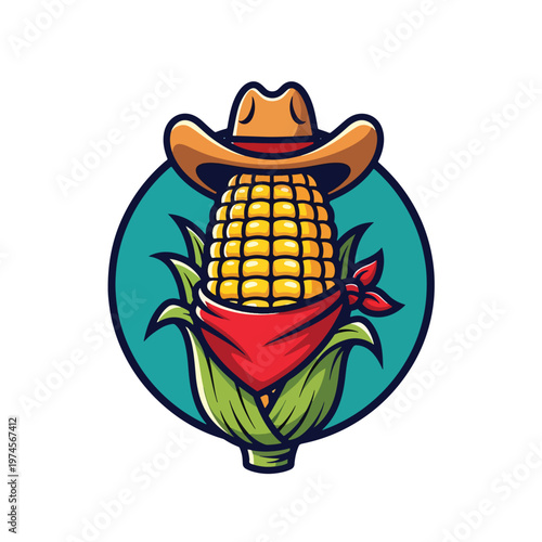 Whimsical Corn Cob Character Dressed as Cowboy with Bandana, Farm Mascot Illustration