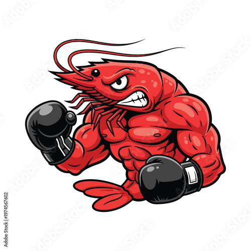 Muscular Red Shrimp Boxer Mascot Posing in an Angry and Determined Fighting Stance