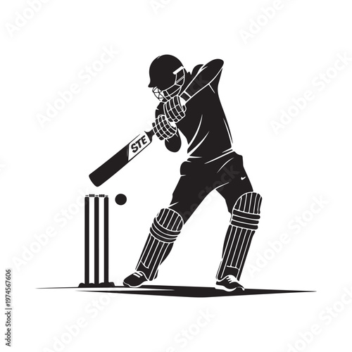 A silhouetted cricket batsman prepares to hit a ball near the wickets