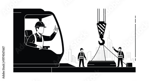 A professional crane operator wearing a safety helmet performs a hand signal from his cabin while ground crew members manage heavy loads at a busy site.