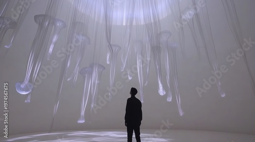Wallpaper Mural Silhouetted figure gazing at ethereal, light-filled jellyfish-like installations hanging from a ceiling Torontodigital.ca