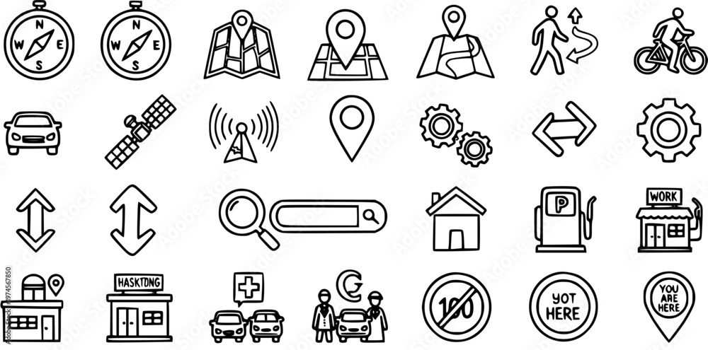 Fototapeta premium Navigation and Location Icons: Compass, Map, Car, Satellite, GPS, Search, House, Fuel, Work, People, Bike, Road Signs, Black and White Line Art