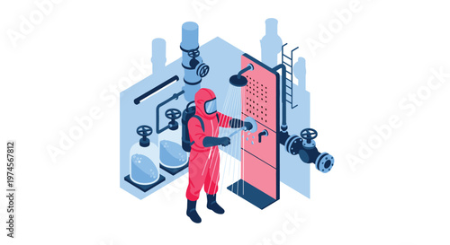 A technician wearing a full red protective hazmat suit operates an emergency decontamination shower within a complex industrial piping and valve system.
