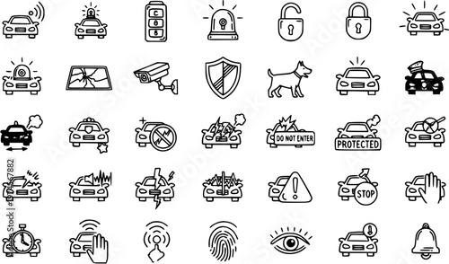 Automotive Car Security, Safety  Alarm Line Art Icons. Hand Drawn Vehicle Protection, Accident Prevention, and Anti-Theft Outline Glyphs Set.