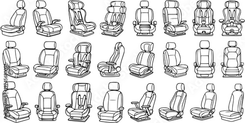 Automotive Vehicle Car Seats and Child Safety Seats Collection. Black and White Outline Line Art Vector Set.