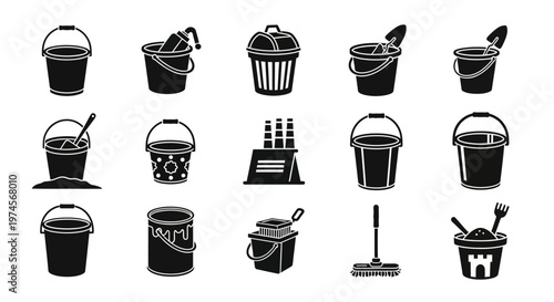 Black and white cleaning tools icons.