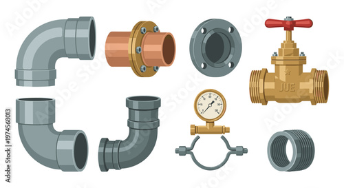 A comprehensive collection of meticulously detailed pixel art plumbing components featuring grey PVC elbows brass gate valves and precise pressure gauge.