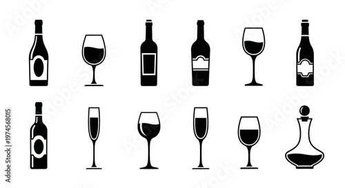 Black wine bottles and glasses icons.