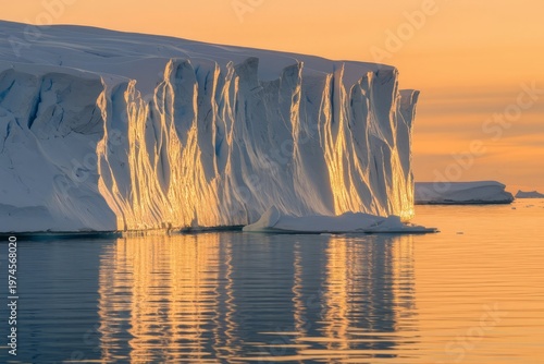 Majestic Iceberg Wall Reflecting in Calm Arctic Waters at Golden Sunset - Breathtaking Polar Landscape of Antarctica during Sunset