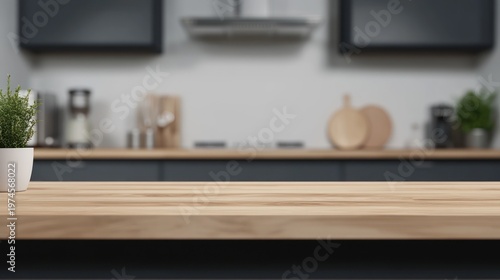 Wallpaper Mural Light-colored wooden kitchen counter top, blurred grey cabinets in background Torontodigital.ca