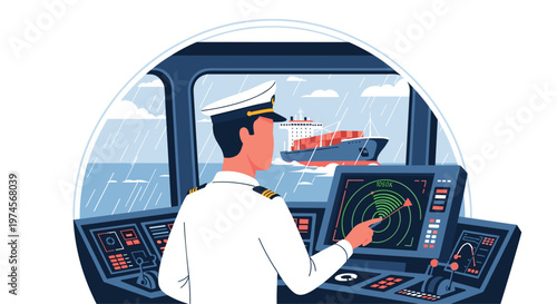 A professional maritime captain in a pristine white uniform operates advanced navigational radar equipment while massive container ship sails through rain.