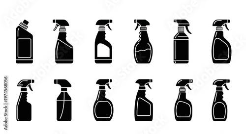 Spray bottles cleaning supplies icons.