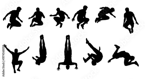 Silhouettes of people doing gymnastics poses.