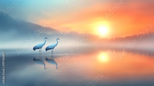 Wallpaper Mural Two cranes stand on a misty lake at sunrise Torontodigital.ca