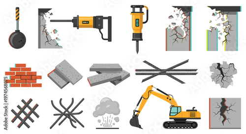 An extensive set of pixel art demolition icons showcasing heavy machinery like excavators and wrecking balls alongside crumbling concrete walls and bricks.