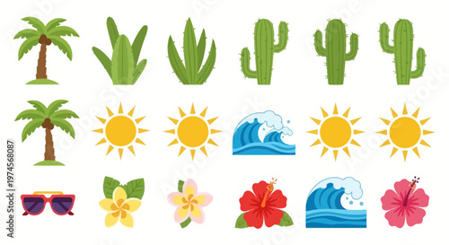 Tropical icons with plants and sun.