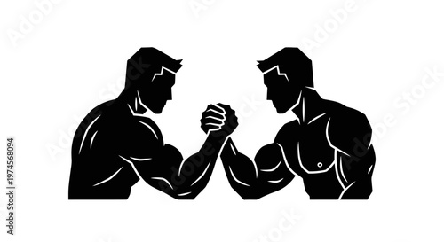Two muscular men arm wrestling competition.