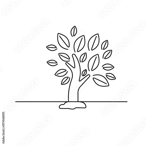Continuous line drawing of a small plant growing with leaves and roots

