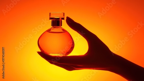 Wallpaper Mural Silhouette hand holding perfume bottle against vibrant orange background Torontodigital.ca