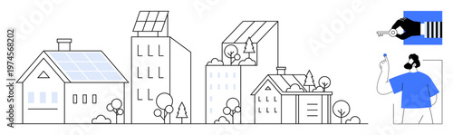 Renewable energy, urban planning, sustainable living, eco-friendly designs, green technology, clean energy. Buildings solar panels and greenery. Renewable energy and urban planning concept