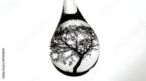 A clear water droplet on a white background holds the silhouette of a bare tree