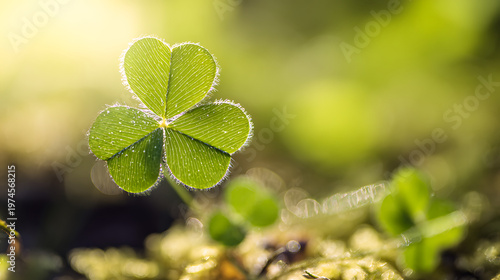Fresh green four leaf clover with dew drops on leaves in natural sunlight