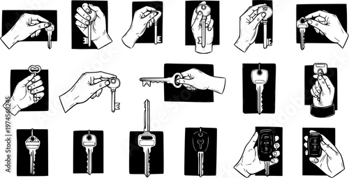 Black  White Line Art Vector Illustration of Hands Holding Diverse Keys and Car Key Fobs, Representing Automotive, Real Estate, and Security Concepts