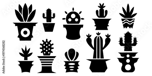 Cactus indoor plant pots silhouette vector illustration set for modern indoor houseplant