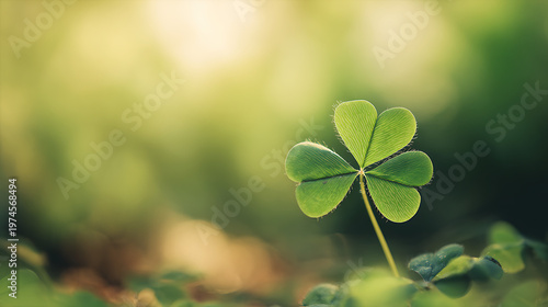 Fresh green four leaf clover in lush natural setting with blurred background
