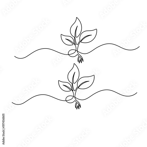 Continuous line drawing of a small plant growing with leaves and roots

