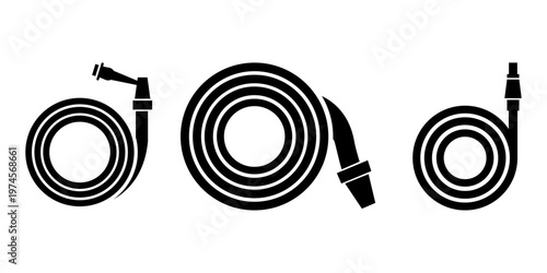 Coiled garden hose silhouette vector illustration set for garden maintenance