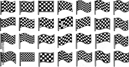 Set of Black and White Line Art Checkered Race Flags Vector Icons for Automotive Motorsport Events