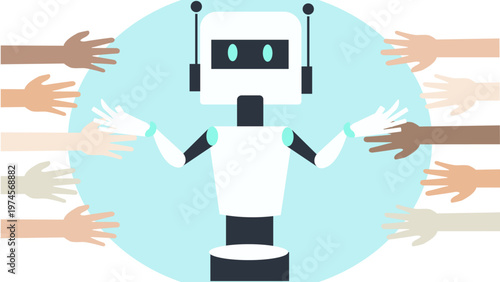 Friendly robot surrounded by human hands for AI assistance concept