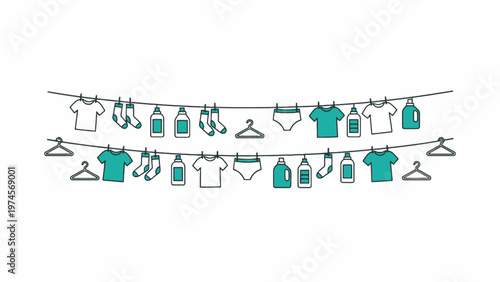 Laundry items hanging on clotheslines with detergent bottles vector