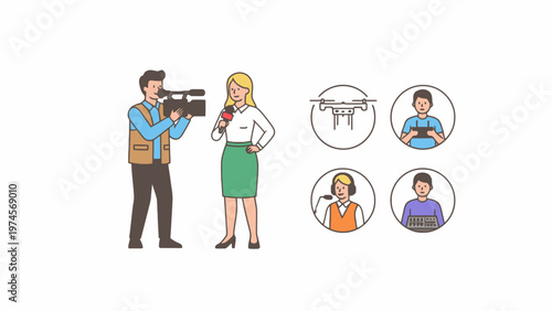 News broadcasting crew with journalist cameraman and production team